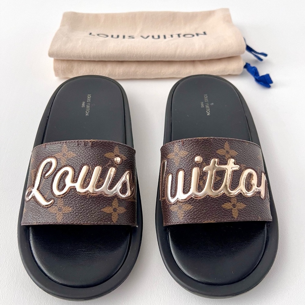 LOUIS VUITTON || Metallic Monogram Logo Brown LV Sunbath Slides Sandals US 6
